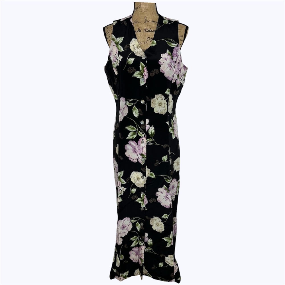 Rafaella Silk Floral Maxi Dress Button Front Vintage 90s Wedding Guest Sz 12